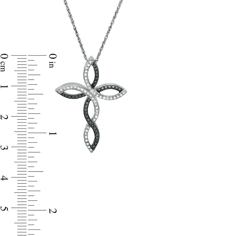 Enhanced Black and White Natural Diamond Accent Twist Ribbon Cross Pendant in Sterling Silver