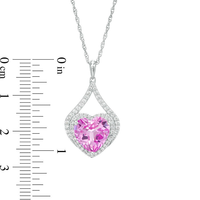 10.0mm Heart-Shaped Lab-Created Pink and White Sapphire Teardrop Frame Pendant in Sterling Silver