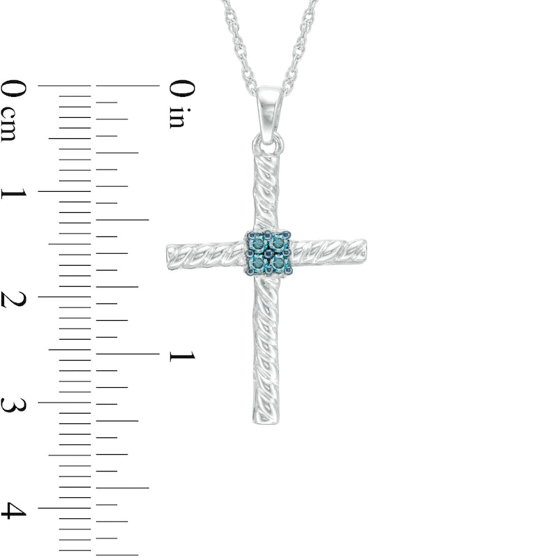 0.1 CT. T.W. Enhanced Blue Quad Natural Diamond Twist Cross Pendant in Sterling Silver