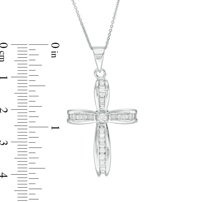 0.88 CT. T.W. Baguette and Round Natural Diamond Cross Pendant in 14K White Gold