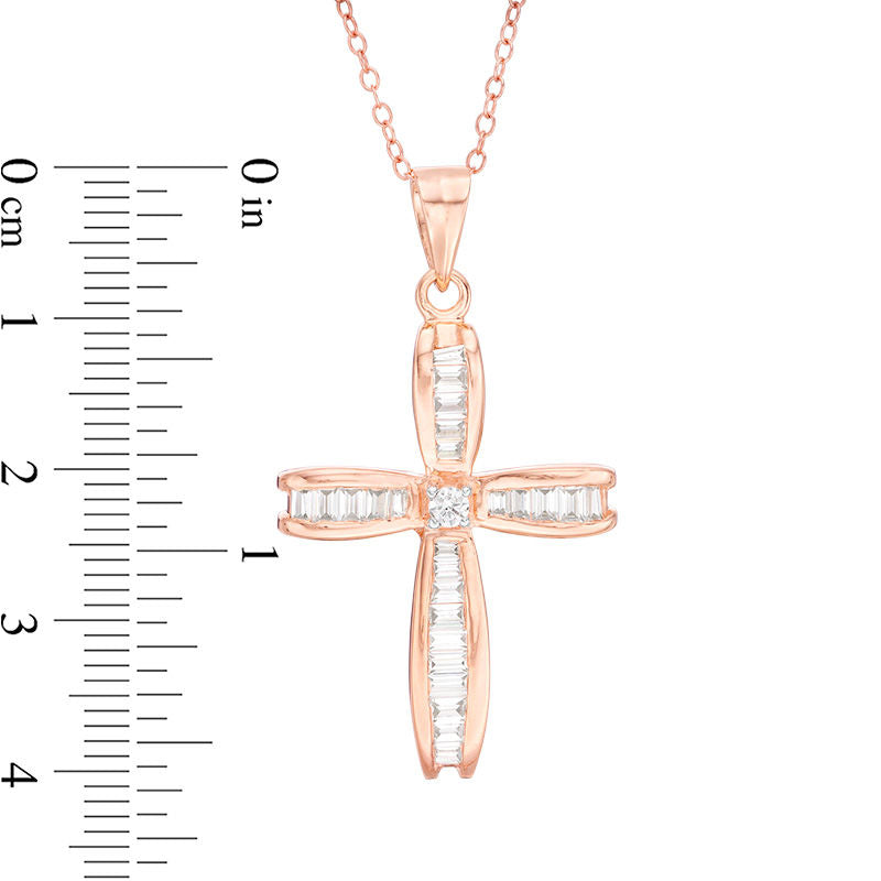 0.88 CT. T.W. Baguette and Round Natural Diamond Cross Pendant in 14K Rose Gold