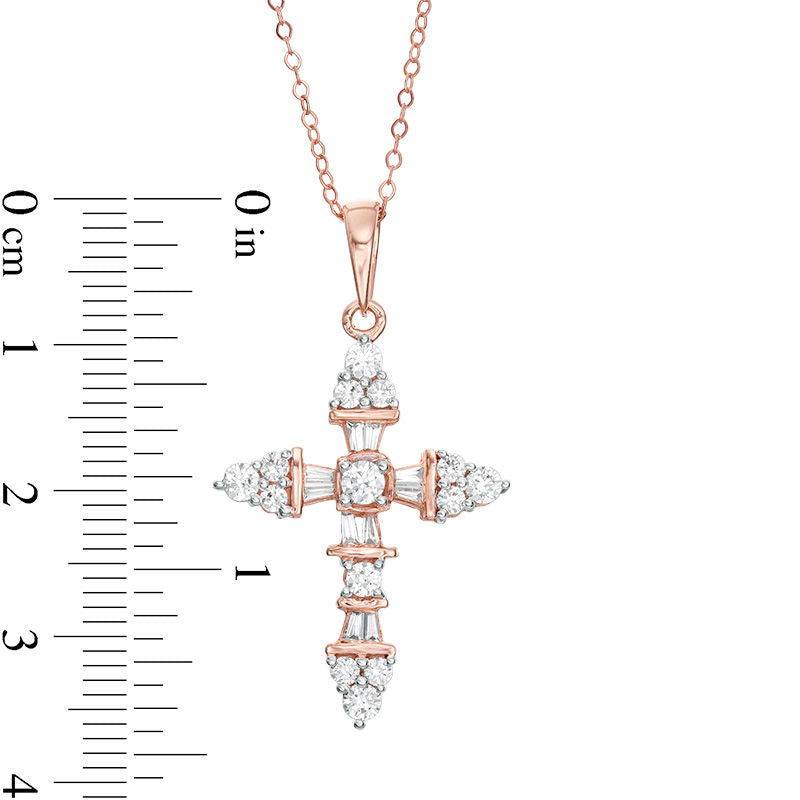 1 CT. T.W. Baguette and Round Natural Diamond Cross Pendant in 14K Rose Gold