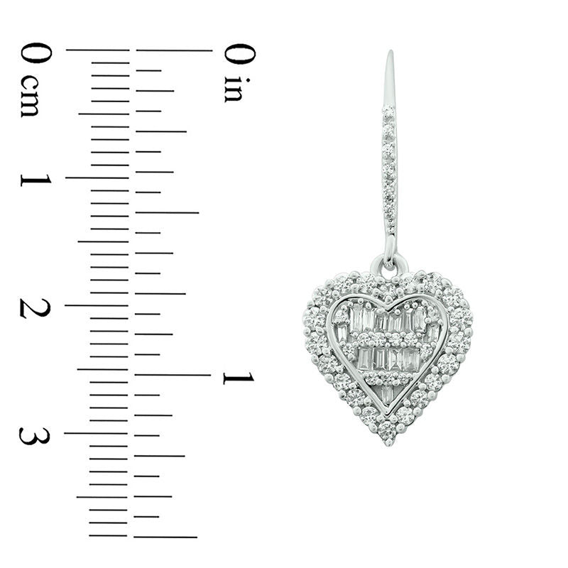 1 CT. T.W. Baguette and Round Diamond Heart Drop Earrings in 10K White Gold