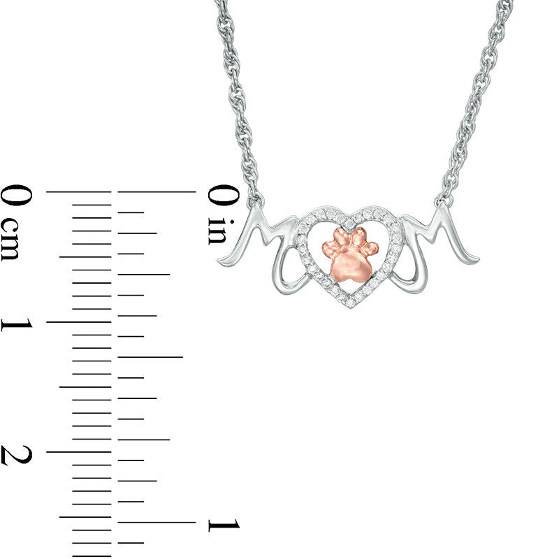 0.1 CT. T.W. Natural Diamond Paw Print and Heart "MOM" Necklace in Sterling Silver and 10K Rose Gold