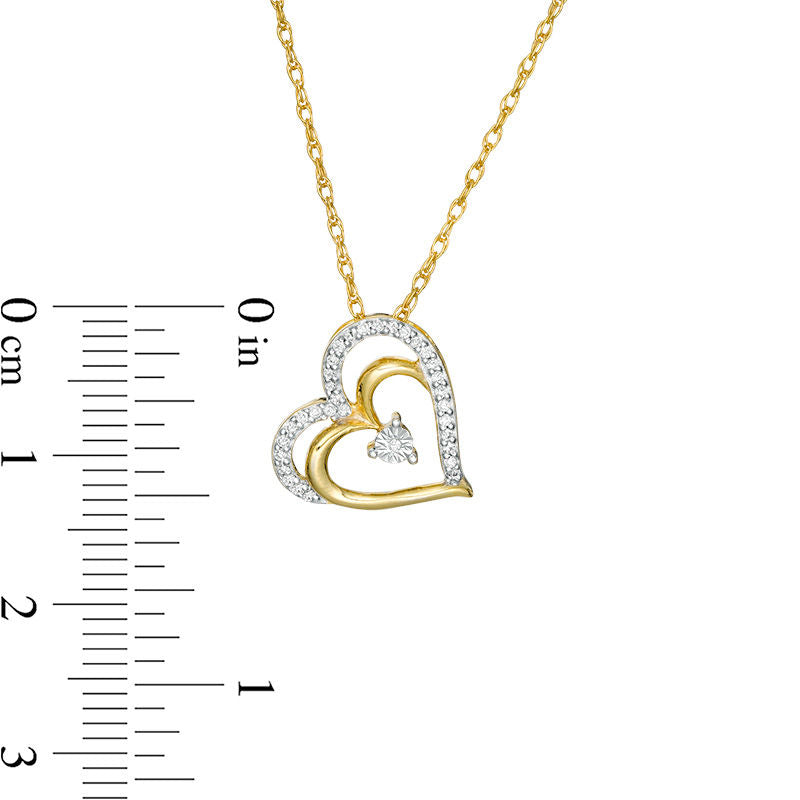 0.1 CT. T.W. Natural Diamond Tilted Double Heart Pendant in 10K Yellow Gold