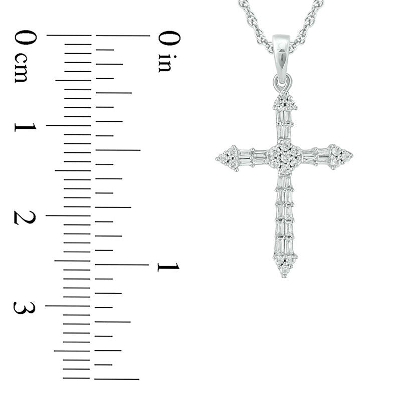 0.33 CT. T.W. Baguette and Round Natural Diamond Cross Pendant in 10K White Gold