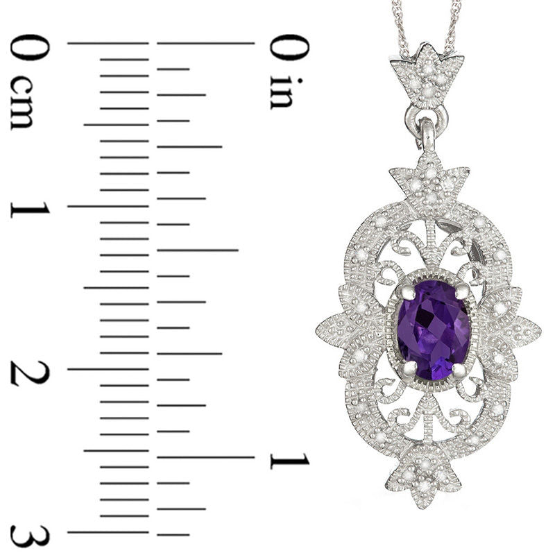 Oval Amethyst and 0.1 CT. T.W. Natural Diamond Antique Vintage-Style Pendant in Sterling Silver