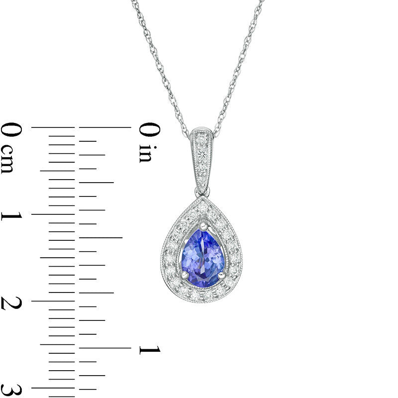 Pear-Shaped Tanzanite and 0.17 CT. T.W. Natural Diamond Frame Antique Vintage-Style Drop Pendant in 14K White Gold