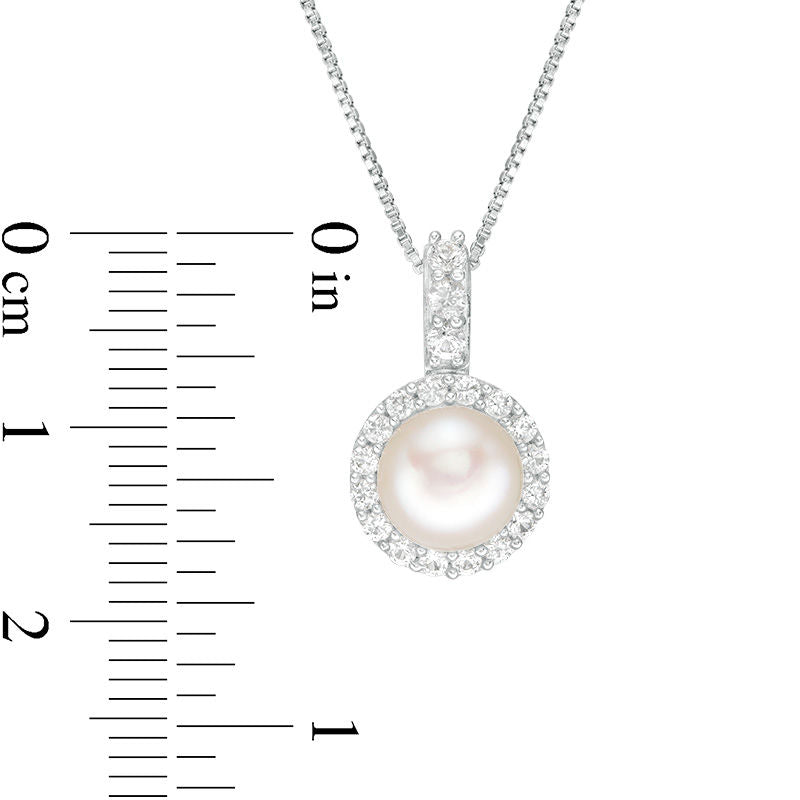 7.0mm Cultured Freshwater Pearl and Lab-Created White Sapphire Frame Drop Pendant in Sterling Silver