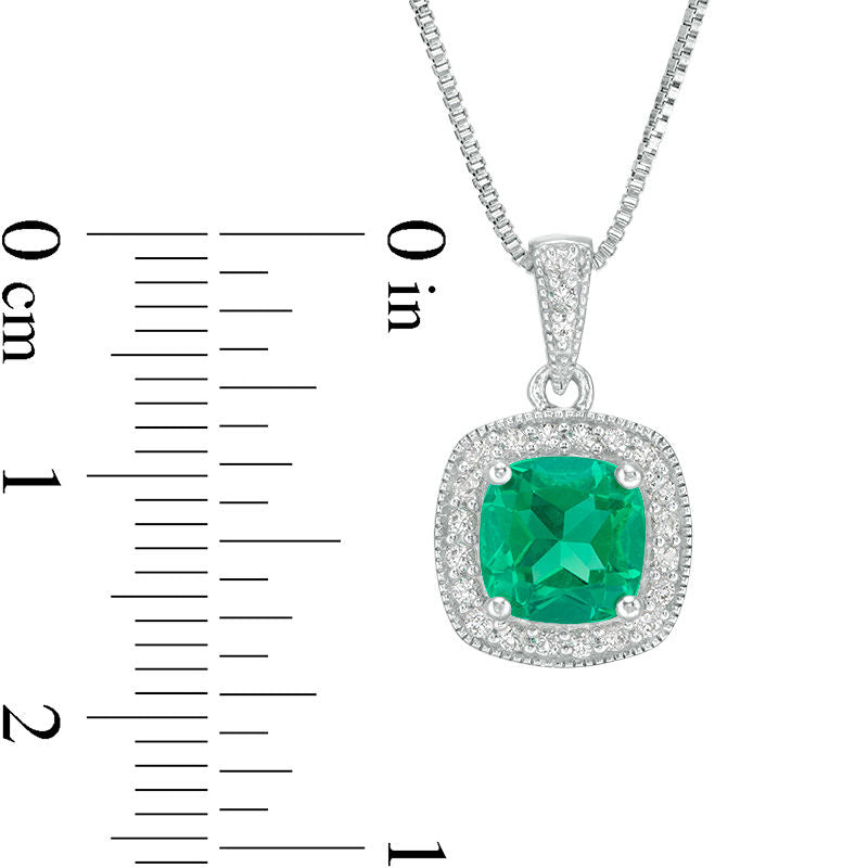 7.0mm Cushion-Cut Lab-Created Emerald and White Sapphire Frame Antique Vintage-Style Drop Pendant in Sterling Silver