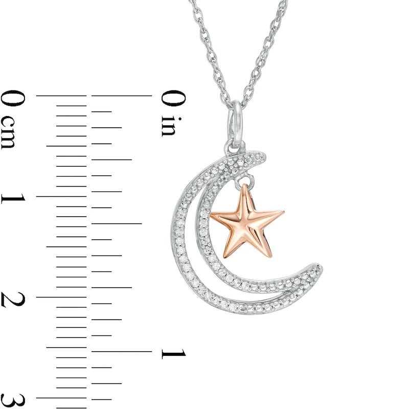 0.07 CT. T.W. Natural Diamond Crescent Moon Outline with Star Pendant in Sterling Silver and 10K Rose Gold