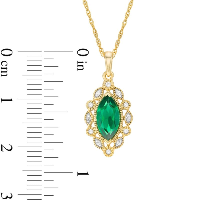 Marquise Lab-Created Emerald and White Sapphire Frame Antique Vintage-Style Drop Pendant in Sterling Sliver with 14K Gold Plate