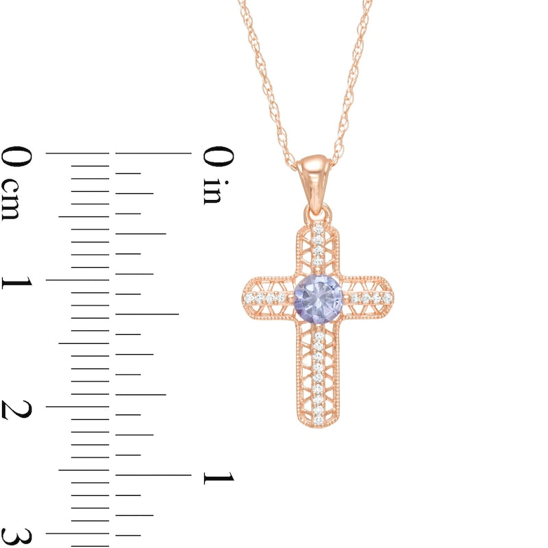 4.0mm Tanzanite and 0.05 CT. T.W. Natural Diamond Antique Vintage-Style Woven Cross Pendant in 10K Rose Gold