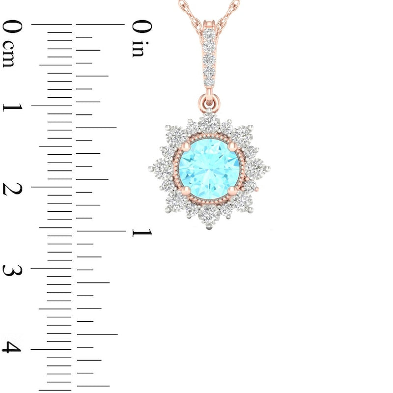 5.0mm Aquamarine and 0.07 CT. T.W. Natural Diamond Sun Frame Antique Vintage-Style Pendant in 10K Rose Gold