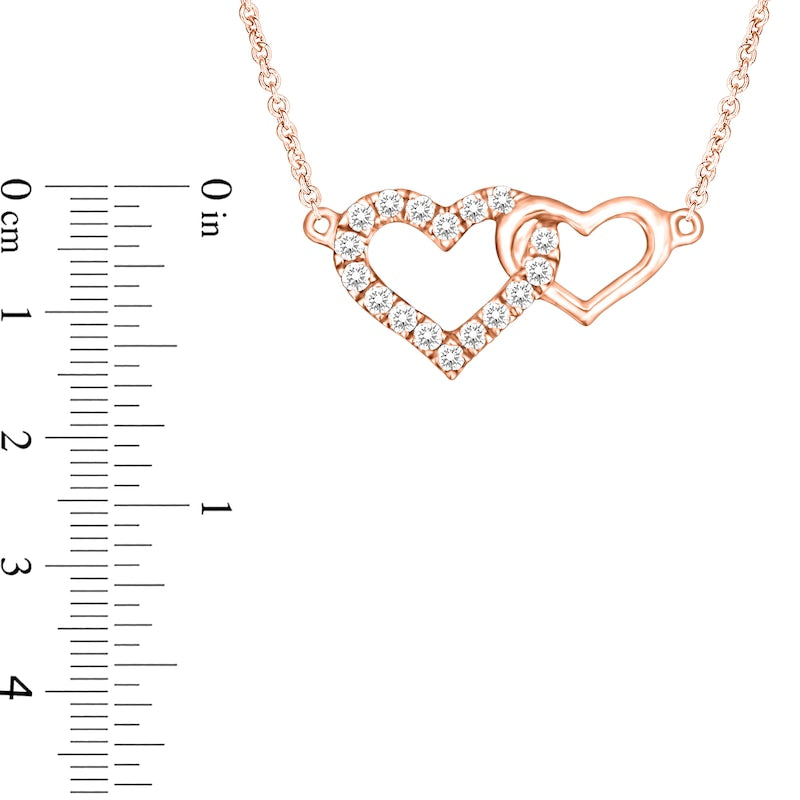 0.13 CT. T.W. Natural Diamond Double Interlocking Hearts Outline Necklace in 10K Rose Gold