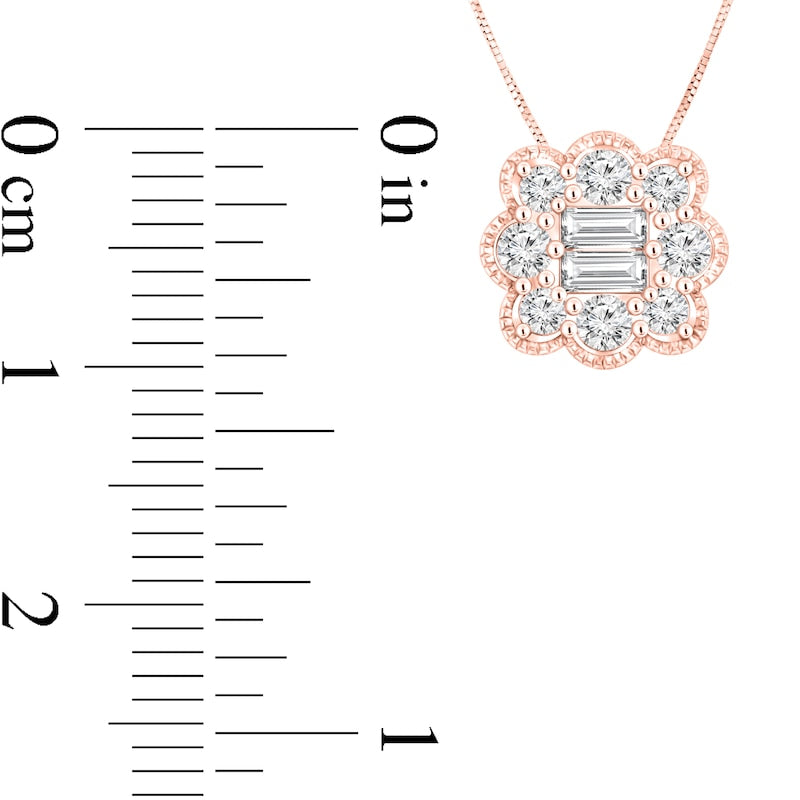 0.5 CT. T.W. Composite Baguette and Round Natural Diamond Scallop Antique Vintage-Style Frame Pendant in 10K Rose Gold