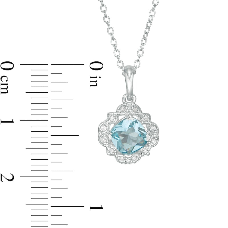 6.0mm Cushion-Cut Simulated Aquamarine and 0.04 CT. T.W. Natural Diamond Frame Antique Vintage-Style Drop Pendant in Sterling Silver