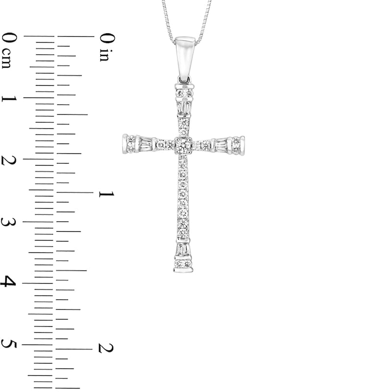 0.38 CT. T.W. Baguette and Round Natural Diamond Flared Cross Pendant in 10K White Gold