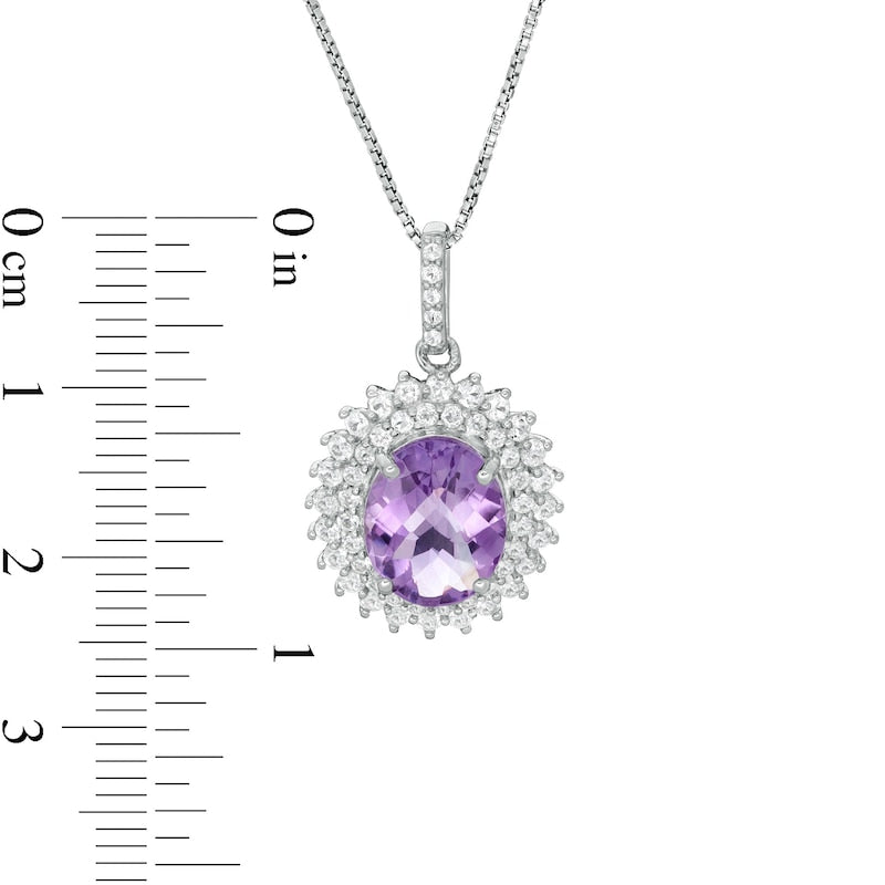 Oval Amethyst and White Topaz Starburst Double Frame Pendant in Sterling Silver