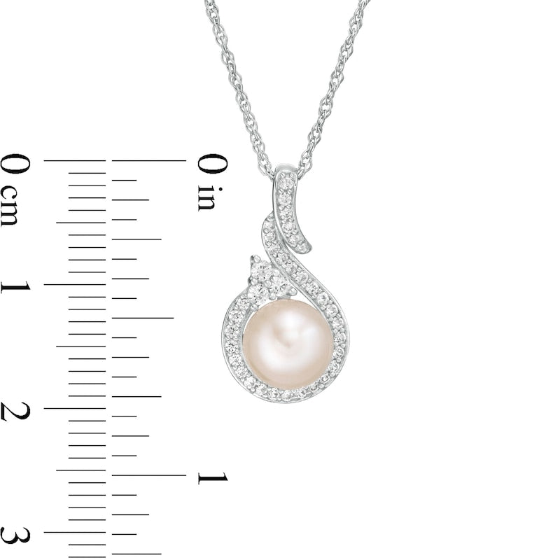 7.0-7.5mm Cultured Freshwater Pearl and Lab-Created White Sapphire Cascading Teardrop Pendant in Sterling Silver