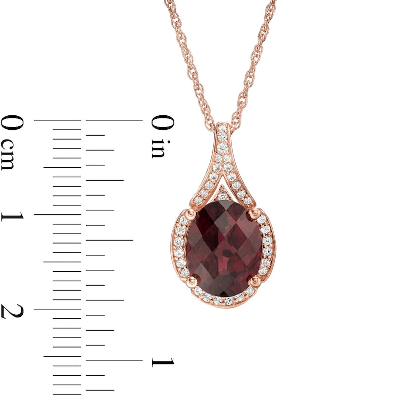 Oval Garnet and 0.17 CT. T.W. Natural Diamond Frame Teardrop Pendant in 10K Rose Gold