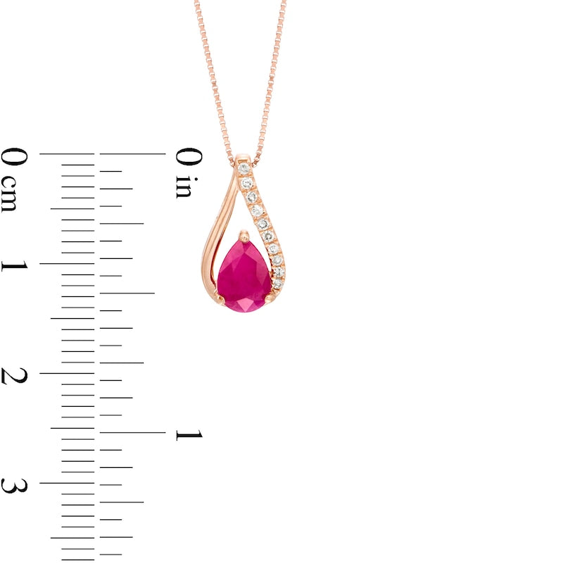 Pear-Shaped Ruby and 0.05 CT. T.W. Natural Diamond Teardrop Pendant in 10K Rose Gold