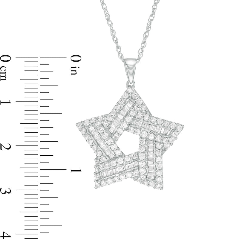 1.5 CT. T.W. Baguette and Round Natural Diamond Star Pendant in 10K White Gold