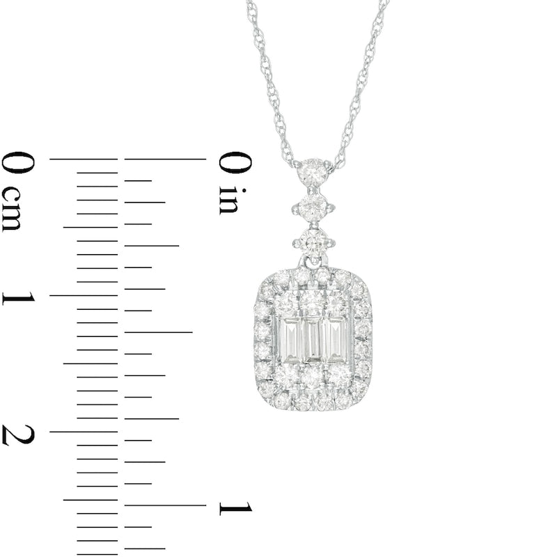 0.5 CT. T.W. Baguette and Round Natural Diamond Cushion Frame Pendant in 10K White Gold