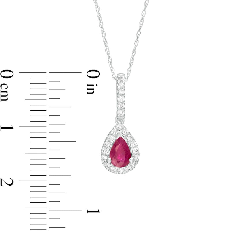 Pear-Shaped Ruby and 0.13 CT. T.W. Natural Diamond Teardrop Pendant in 10K White Gold