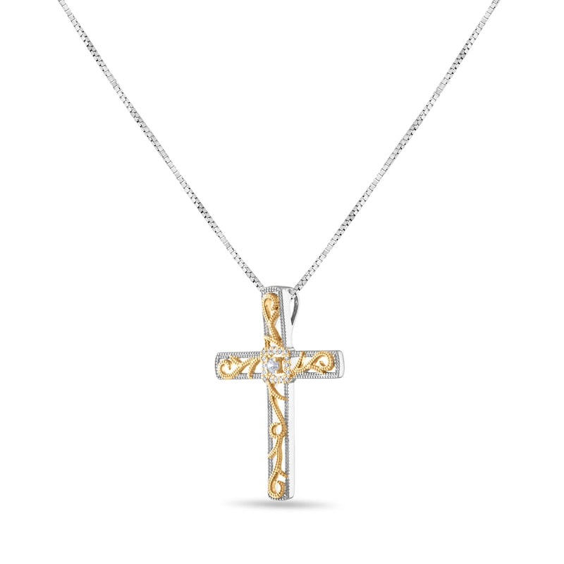 0.1 CT. T.W. Natural Diamond Ornate Cross Pendant in 10K Two-Tone Gold