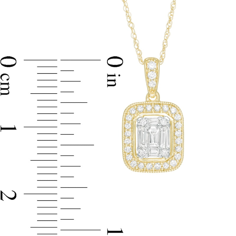 0.33 CT. T.W. Baguette and Round Natural Diamond Cushion Frame Antique Vintage-Style Pendant in 10K Yellow Gold