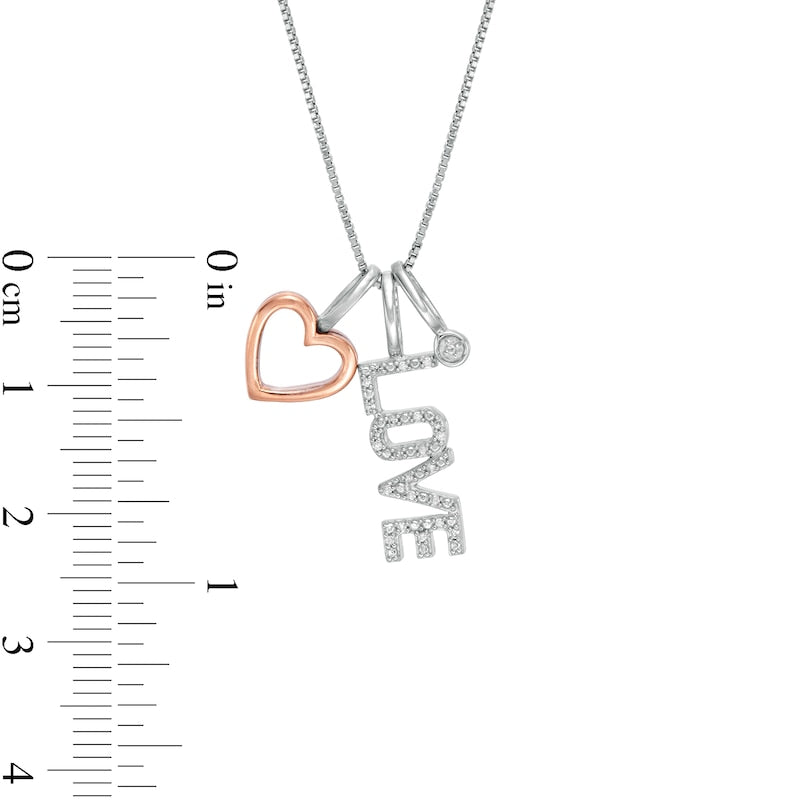 0.05 CT. T.W. Natural Diamond Outline Heart, "LOVE" and Circle Charm Pendant in Sterling Silver and 10K Rose Gold