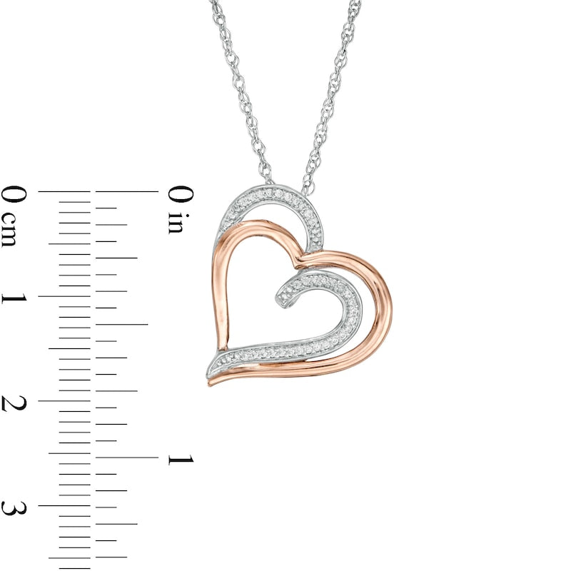 0.1 CT. T.W. Natural Diamond Double Tilted Heart Pendant in Sterling Silver and 10K Rose Gold