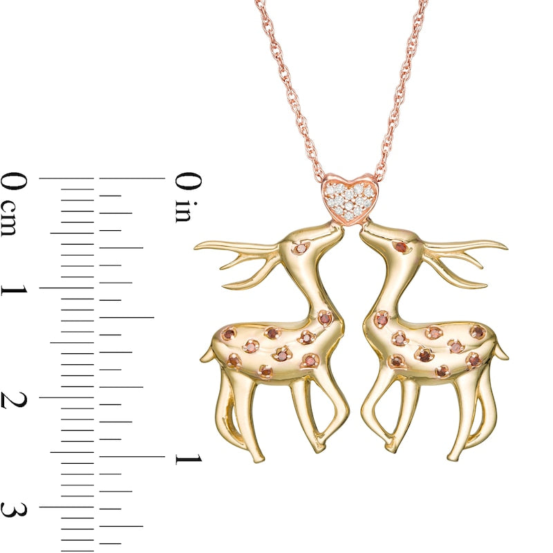 0.1 CT. T.W. Enhanced Red and White Natural Diamond Deer and Heart Pendant in Sterling Silver with 14K Two-Tone Gold Plate