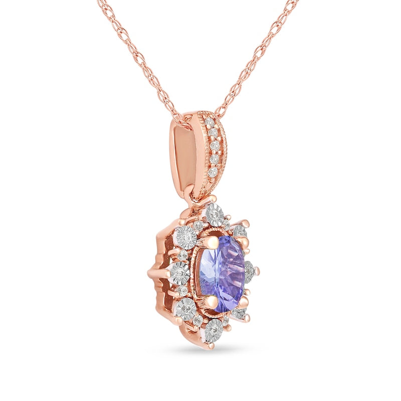 Oval Tanzanite and 0.07 CT. T.W. Natural Diamond Sunburst Frame Antique Vintage-Style Drop Pendant in 10K Rose Gold