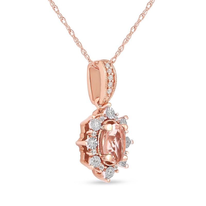 Oval Morganite and 0.07 CT. T.W. Natural Diamond Sunburst Frame Antique Vintage-Style Drop Pendant in 10K Rose Gold