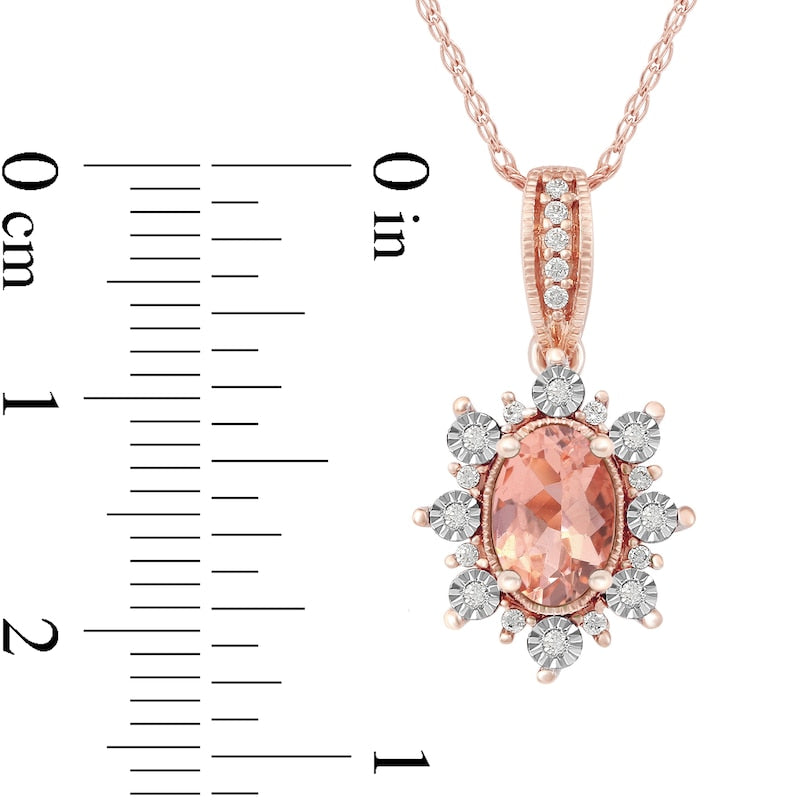 Oval Morganite and 0.07 CT. T.W. Natural Diamond Sunburst Frame Antique Vintage-Style Drop Pendant in 10K Rose Gold