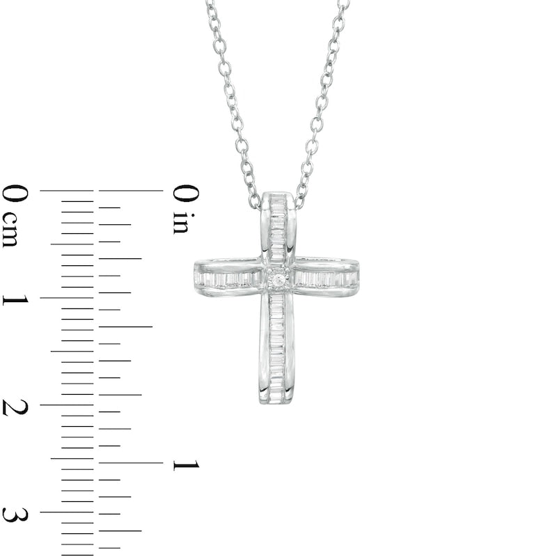 0.33 CT. T.W. Baguette and Round Natural Diamond Cross Pendant in Sterling Silver