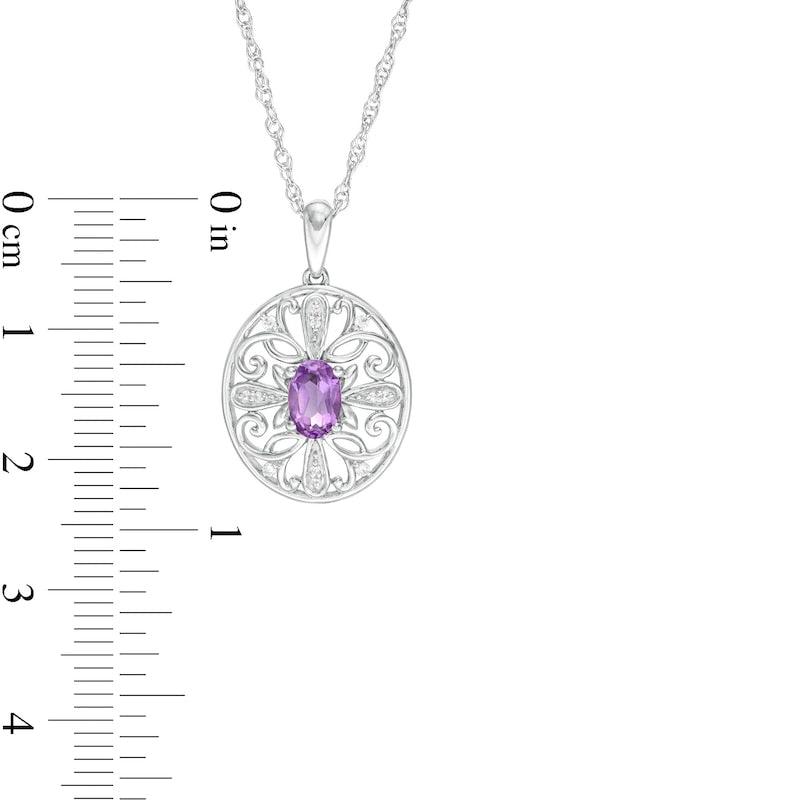 Amethyst and 0.05 CT. T.W. Natural Diamond Filigree Cross Oval Pendant in Sterling Silver