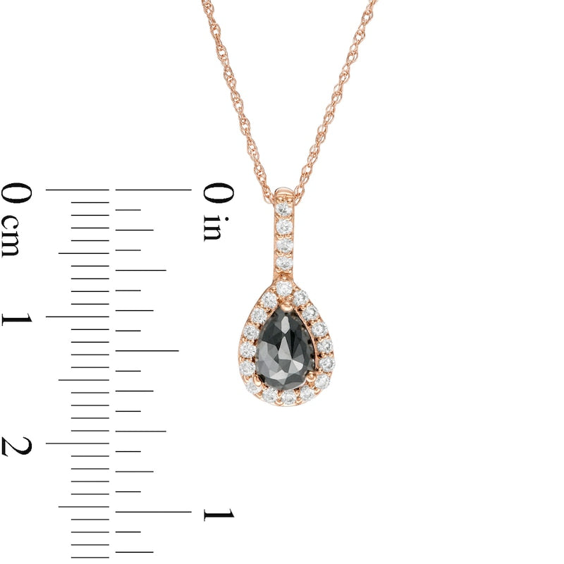 0.75 CT. T.W. Enhanced Black and White Pear-Shaped Natural Diamond Frame Drop Pendant in 14K Rose Gold