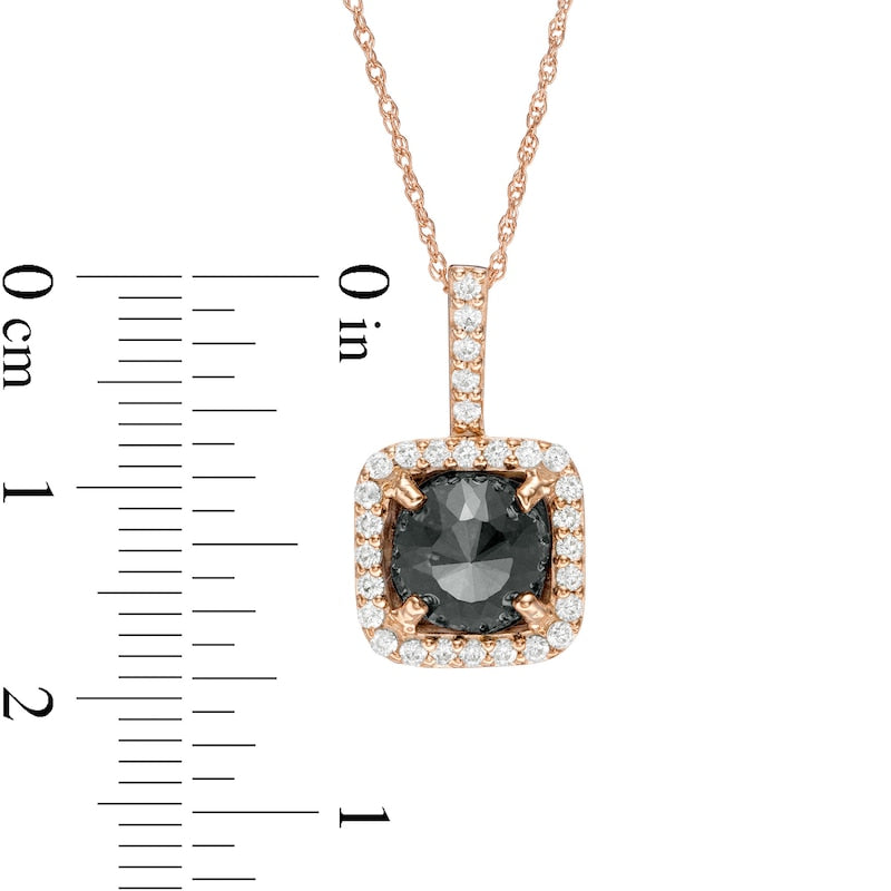 2.63 CT. T.W. Enhanced Black and White Cushion-Cut Natural Diamond Frame Drop Pendant in 14K Rose Gold