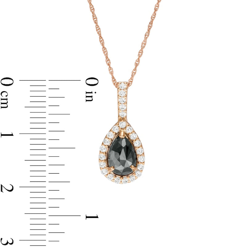 1.38 CT. T.W. Enhanced Black and White Pear-Shaped Natural Diamond Frame Drop Pendant in 14K Rose Gold