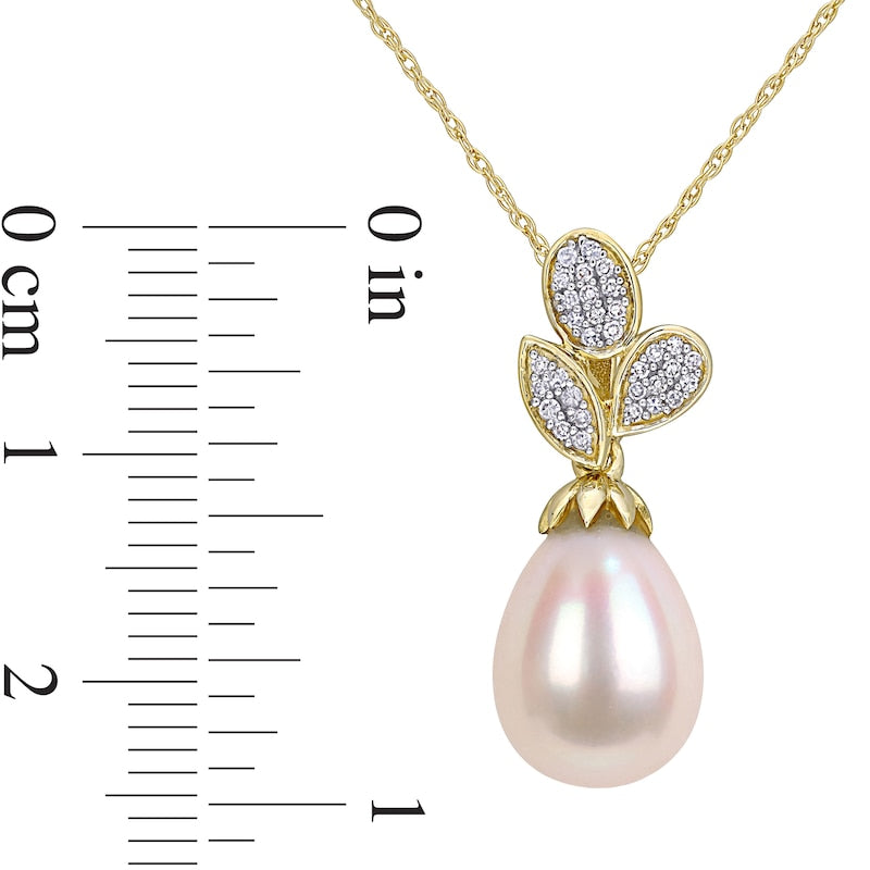 9.0-9.5mm Baroque Cultured Freshwater Pearl and 0.1 CT. T.W. Natural Diamond Leaf Drop Pendant in 10K Yellow Gold - 17"