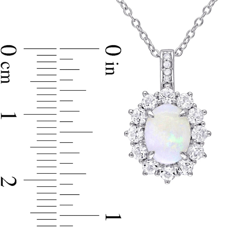 Oval Opal, White Topaz and Natural Diamond Accent Starburst Frame Drop Pendant in Sterling Silver