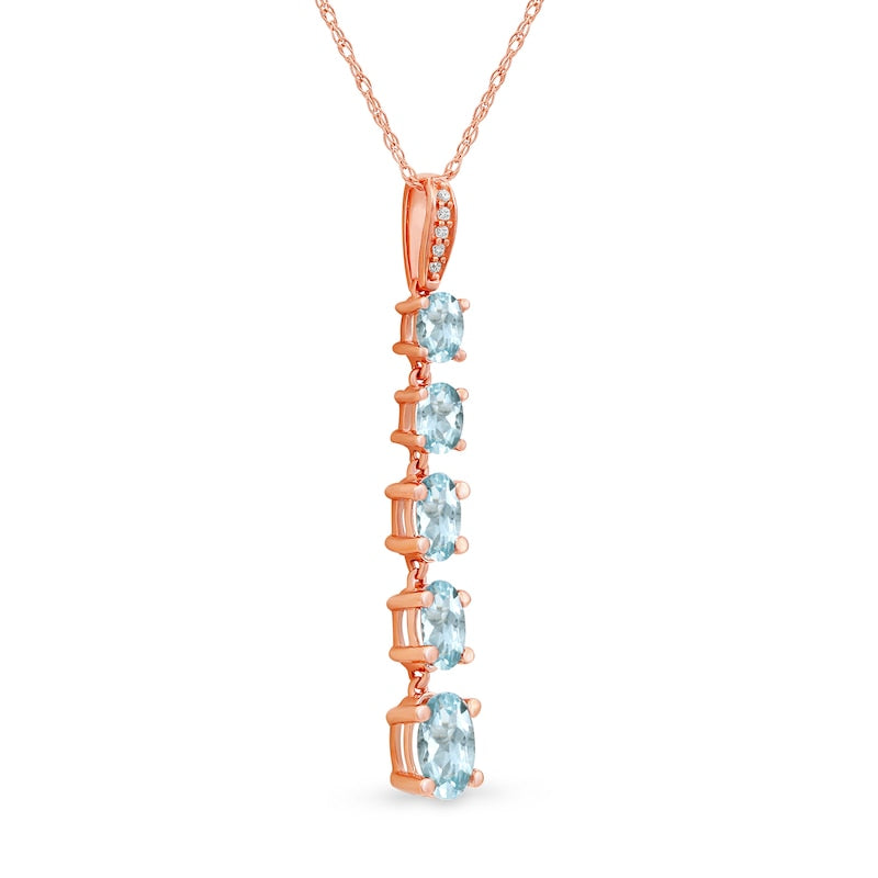 Oval Aquamarine and Natural Diamond Accent Graduated Linear Five Stone Drop Pendant in 10K Rose Gold