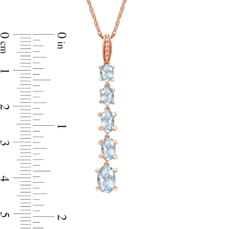 Oval Aquamarine and Natural Diamond Accent Graduated Linear Five Stone Drop Pendant in 10K Rose Gold