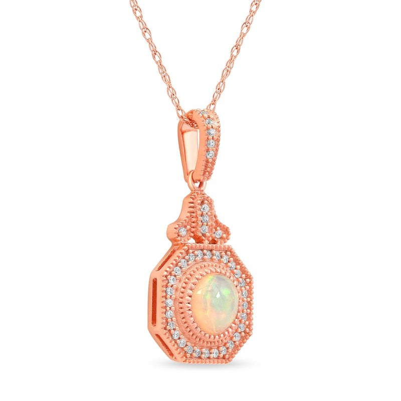 6.0mm Opal and 0.13 CT. T.W. Natural Diamond Octagonal Frame Antique Vintage-Style Pendant in 10K Rose Gold