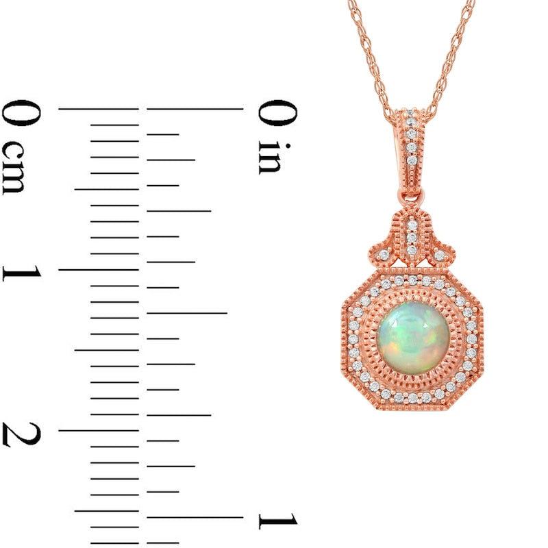 6.0mm Opal and 0.13 CT. T.W. Natural Diamond Octagonal Frame Antique Vintage-Style Pendant in 10K Rose Gold