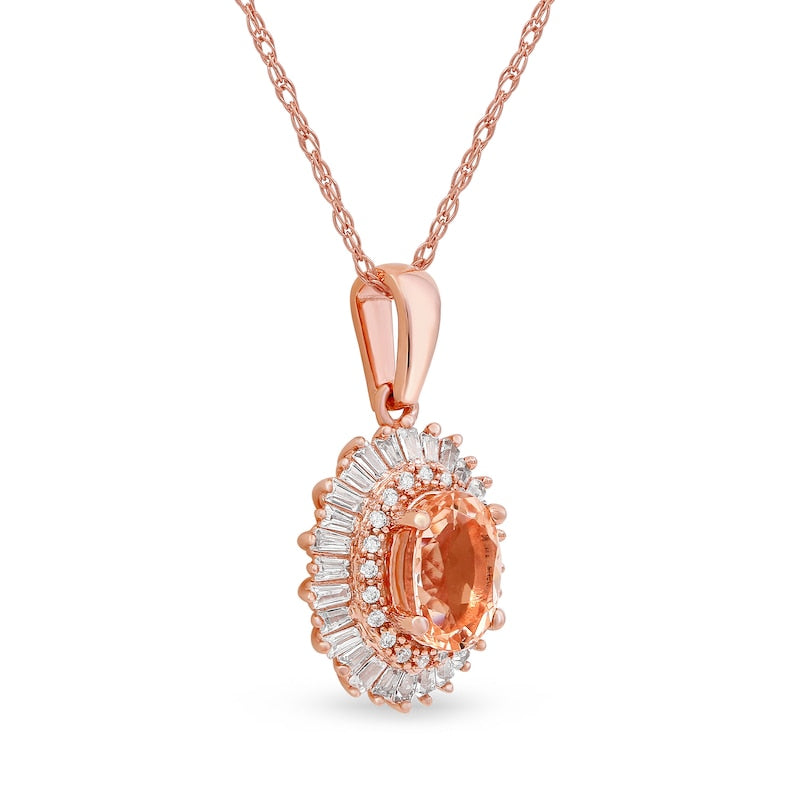 Oval Morganite and 0.25 CT. T.W. Natural Diamond Starburst Double Frame Pendant in 10K Rose Gold