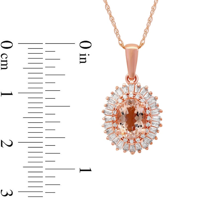 Oval Morganite and 0.25 CT. T.W. Natural Diamond Starburst Double Frame Pendant in 10K Rose Gold